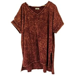 Zenana 3X Burgundy Rust Acid Wash V Neck Stretch Cotton Short Sleeve Tunic EUC